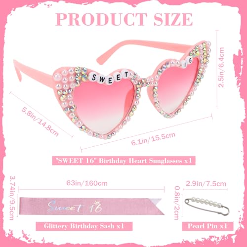 Sweet 16 Party Decorations, Birthday Sash & Glasses Set, Sweet 16 Gifts for Girls Sweet 16 Party Favors 16th Birthday Decorations for Girls2