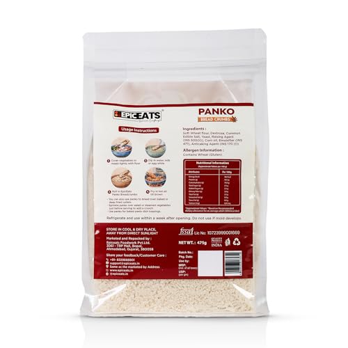 Image of Epiceats Panko Bread Crumbs | Original Japanese Style Breadcrumbs | Crispy Bread Crumbs for Fried Chicken, Cutlets, Fish Fry & Snacks | Plain Unseasoned Breadcrumb Coating | Absorbs Less Oil | Soya Free & Nut Free - 475g
