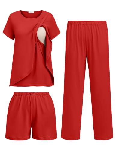 Image of Ekouaer 3 PCS Maternity Nursing Pajamas Set Postpartum Breastfeeding PJS | 3-Piece Set, Including Short Sleeve Shirts, Pregnancy Shorts & Pants, Buttery Soft, Skin-Friendly Feel