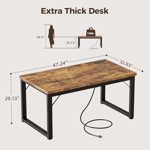 Image of Mericonia 48 Inch Computer Desk with Power Outlets, 1.2 inch Thick Office Table | Modern Simple Style, Heavy Duty Industrial Frame, Small Study & Writing Table for Home Bedroom Work, Brown