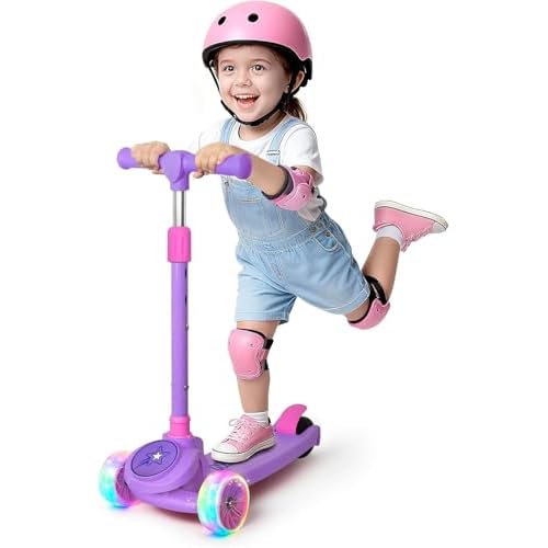 Nattork Kids Scooter for Girls Boys with Light Up Wheels, 3 Adjustable Height Handlebars, Lean-to-Steer Technology, Widen Anti-Slip Deck, 3 Wheel Scooter for kid ages 3-8, Support Riders Up
