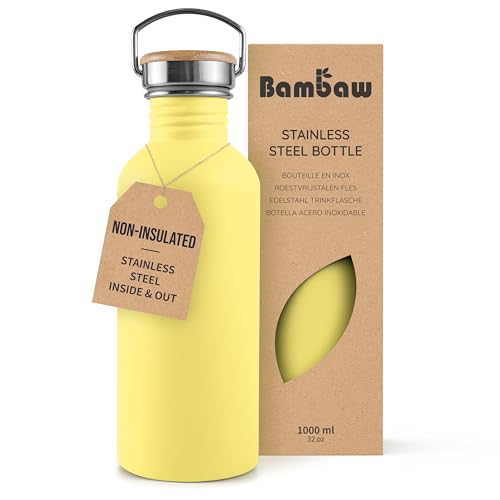 Image of Bambaw Stainless Steel Water Bottle 32 oz, Non-insulated Yellow Beam with Handle, Dishwasher Safe