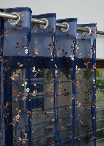 Image of littlelotus Floral Print Tissue Net Sheer Transparent Grommet Curtains for Door 7 feet Long Set of 2, Navy Blue