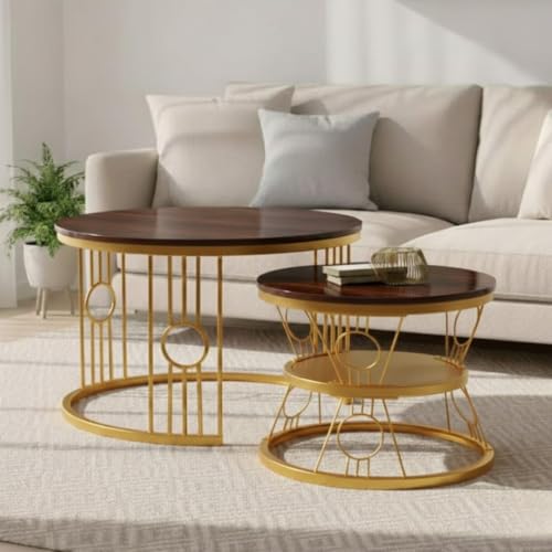Image of Modern Nested Coffee Table Set of 2 | Round Marble Finish Tabletop with Metal Base | Luxury Center Table for Living Room, Lounge & Office (Ring Gold Brown)