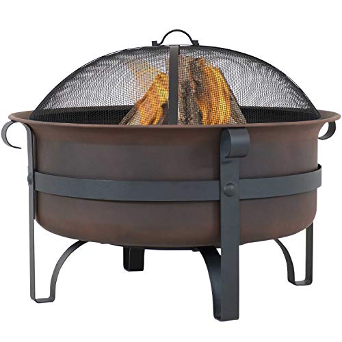 Sunnydaze 29-Inch Wood-Burning Outdoor Fire Pit – Bronze Cauldron Wood Fire Pit for Outside – Includes Poker and Spark Screen