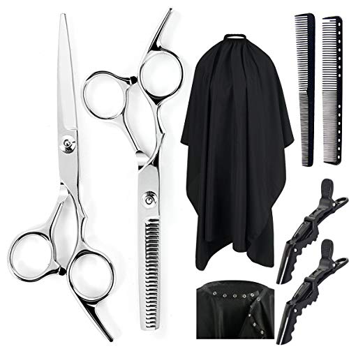 hiLISS 7 PCS Home Hair Cutting Scissors Kit, Professional Salon Hair Cutting Cape, Barber Cape with Snap Closure, Hair Clips and Hair Comb for the Home Salon Styling and Apprentice