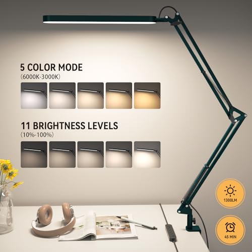 Image of SKYLEO Desk Lamp - LED Desk Light - 5 Color Modes X 11 Brightness Levels - Adjustable Swing Arm - Timmer & Memory Function - 12W Lamp for Desk - Green