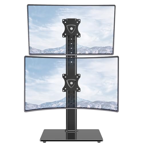 MOUNTUP Vertical Dual Monitor Stand, Stack Two Screens up to 32 inches,17.6 Lbs, Free-Standing Monitor Desk Mount, Monitor Riser with Swivel, Tilt, Height Adjustable, VESA Stand 100 x 100mm, 75 x 75mm