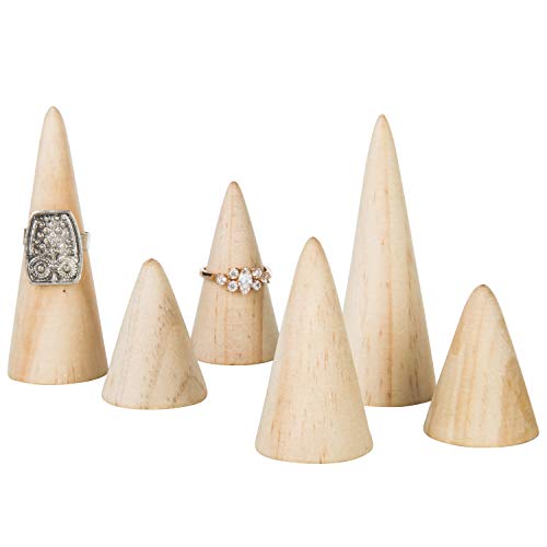 MyGift Wooden Ring Holder Set of 6 - Natural Wood Engagement & Wedding Jewelry Display Cone for Women, Men - Modern Triangular Freestanding Ring Organizer for Vanity, Retail (3 Sizes)