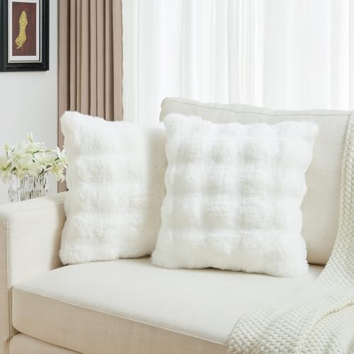 FUTEI Cream White Decorative Throw Pillow Covers 18x18 Inch Set of 2,Soft Fuzzy Faux Rabbit Fur Cushion Covers with Raised Texture,Neutral Boho Home Decor for Couch Bed Living Room