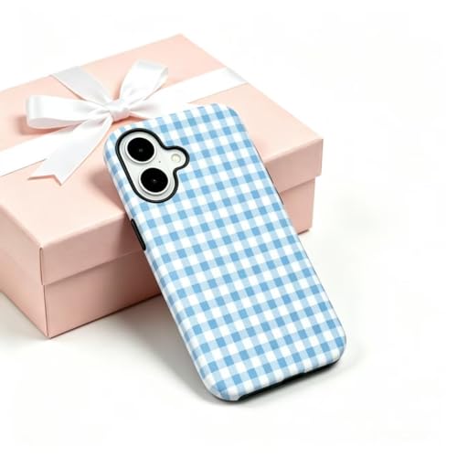 Image of for iPhone 16 Case Cute Phone Case,Compatible with MagSafe,Dual Layer Shockproof Protective Phone Cover,Hard Shell + Silicone Cover,Fashion Design for Women Girls,Blue and White Plaid