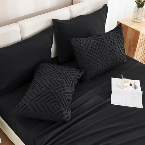 Image of Andency Oversized King Size Comforter Set 7 Pieces Black - Bed in a Bag Oversized King Boho Lightweight Fluffy Tufted Bedding Sets with Comforter, Sheets, Pillowcases & Shams