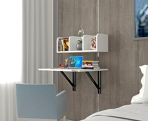 Image of Madhuran Eraadan Engineered Wood Wall Mounted Folding Study Laptop Table with Storage Shelves Shelf Racks (White) Living Room Office Workstation Multipurpose Furniture Accessories