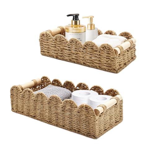 Image of 2 PCS Rattan Scalloped Basket, Wicker Storage Basket for Countertop Shelves with Wooden Handles, Scalloped Edge Home Decorative Bathroom Baskets for Toilet Paper, Organizer Living Room, Pantry - Brown