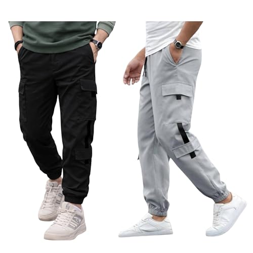 Image of Men's Lycra Blend Track Pants - Comfortable, Lightweight Joggers for Running, Gym, Casual Wear, Elastic Waistband, Full-Length Activewear Pants | Grey&Black, Combo
