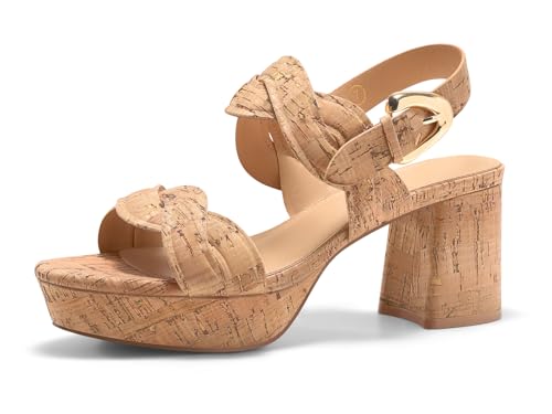 Coutgo Womens Platform Chunky Heels Sandals Cork Open Toe Ankle Strap Summer Dressy Beach Shoes, Cork Khaki, size 7.5