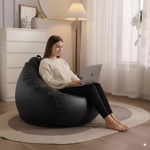 Image of 4XL Leatherette Bean Bag Chair with Footrest & Cushion with Beans Filled (Ready to Use) Color- (Black, Bean Bag Only)