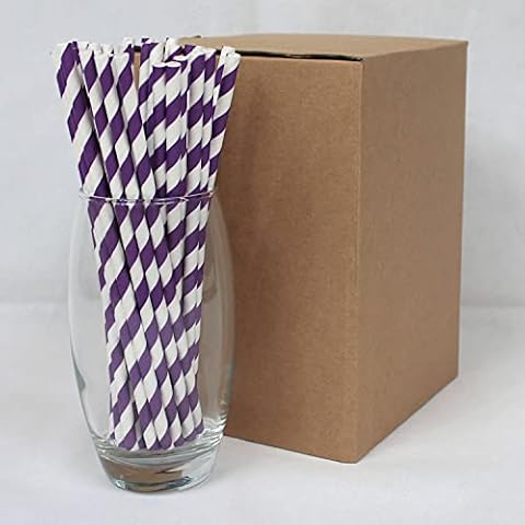 Purple & White Striped Paper Straws (6mm x 200mm) - Pack Size 500 - Biodegradable / Eco-Friendly / Highly Durable / Food Safe / Suitable for All Occasions Cover