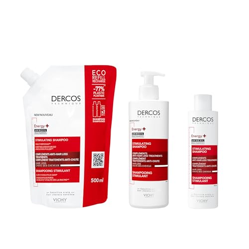 Dercos, Shampooing Stimulant Anti-Chute Energy+, Enrichi en Aminexil, Cheveux Cassants, Vichy, 400ml (Lot de 2)