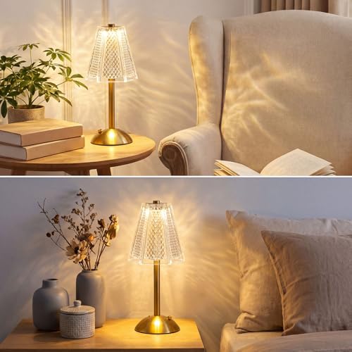 Image of Liliful 2 Pcs Cordless Table Lamp Rechargeable Touch LED Small Gold Portable Battery Operated USB-c Desk Lamp 3 Color Dimmable for Bedroom Living Room Dining (Gold,Hexagonal Diamond Style)