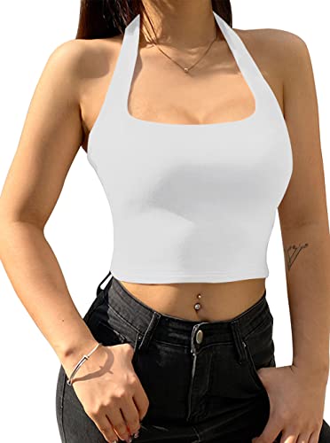 Women’s Summer Sexy Halter Neck Backless Double Lined Seamless Sleeveless Y2K Fitted Cropped Tank Yoga Crop Tops White Large #TOP3
