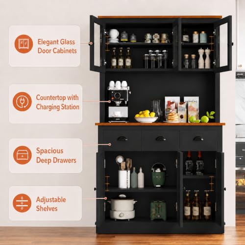 Image of MU 71 inch Kitchen Pantry Cabinet with Charging Station, Kitchen Hutch, Black
