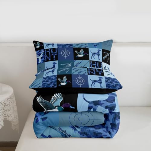 Image of Feelyou Hunting Camo Theme Comforter Set Queen Size for Boys Teens Kids,Camouflage Deer Duck Hunt Bedding Sets Mallard Duck Hunter Quilt Men Blue Room Decor
