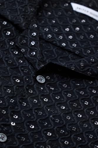 Image of SNITCH Men Casual Shirt | Regular Fit Half Sleeve Cuban Collar Textured Pattern with Embellished Sequins | 100% Viscose & Breathable Fabric for Everyday Wear