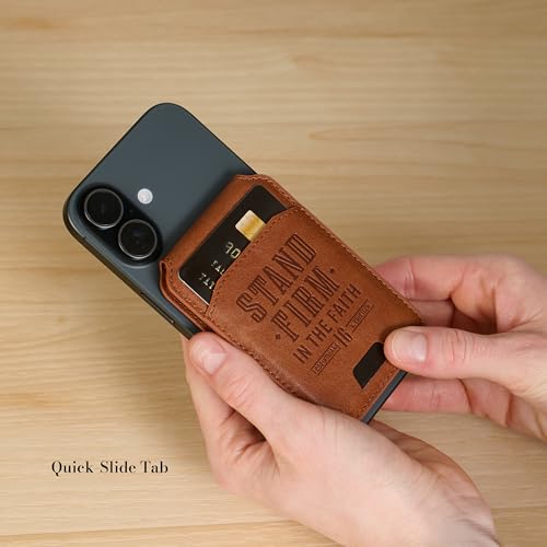 Image of Christian Art Gifts Magnetic Phone Wallet, Stand Firm Bible Verse, Honey Brown Faux Leather, MagSafe Wallet Stand, Snap Closure, 3.9 inch x 2.5 inch