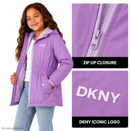 Image of DKNY Girls Midweight Jacket, Anorak Windbreaker, Polar Fleece Lined, Hooded