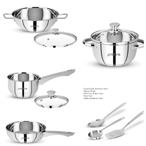 Pristine Tri Ply Induction Base Cooking Essential Stainless Steel Cookware Set |1 Sauce Pan, 1 Casserole, 1 Fry Pan, 1 Kadhai & 3 Serving Spoons... - Image 5
