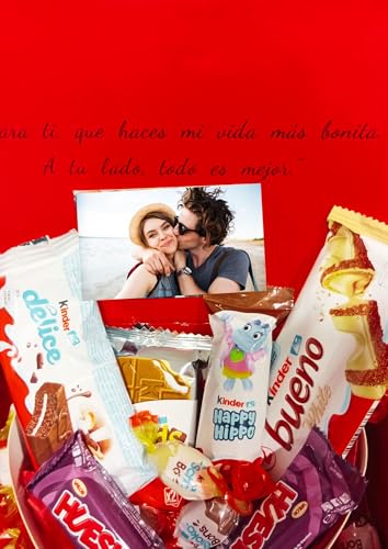 DON GOURMET Cesta Regalo Dia de la Madre, Personalizable, Bombones, Chocolate, Kinder, Chocolatinas, Chocolates para regalar, Bombones para regalar, kínder Bueno, Chuches. (PACK 16)