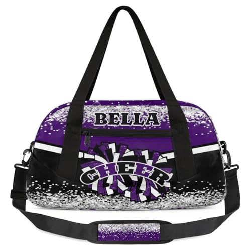 Custom Kids Sports Duffel Bag Glitter Purple Cheer Personalized Dance Gym Bag for Boys Girls Lightweight Weekender Travel Duffle Cheer Bag