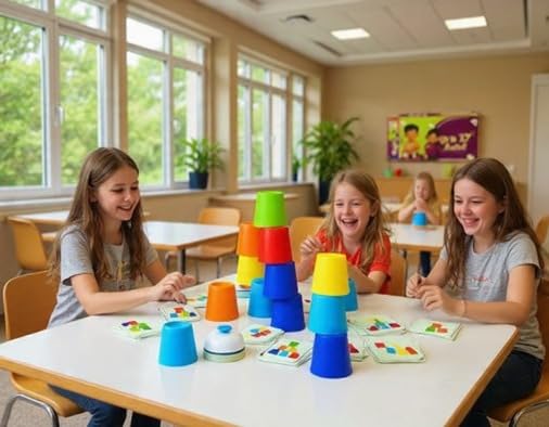 Image of Awestuffs Stacking Cups Game for Kids - 12 Stacking Cups + 50 Pattern Cards + Bell | Fun Family Party Game | Montessori Brain Boosting Puzzle STEM Toy (Stacking Cups Game)