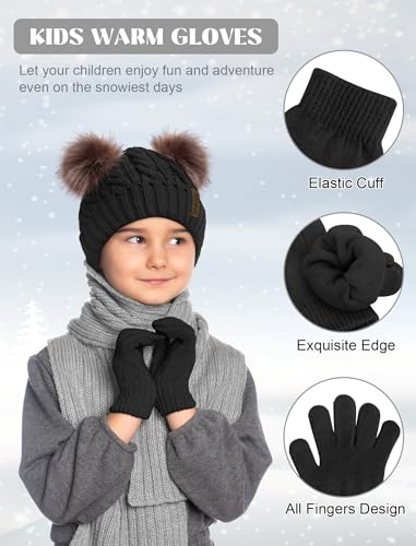 Senker Fashion Winter Beanie Kids Hat and Gloves Set for Girls Boys Toddler Pompom Knit Fleece Lined for Cold Weather4