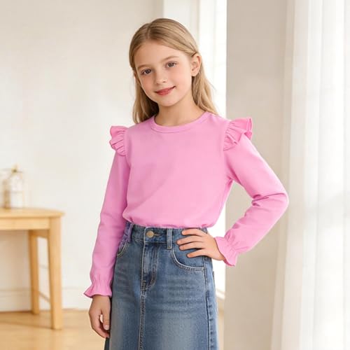 Image of LYSMuch 7-14Y Girls Ruffle Long Sleeve Shirt Kids Crewneck Basic Blouse Casual Tee