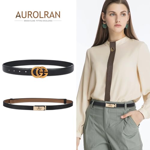 Image of Women's Fashion Classic Metal Buckle Leather Belt with Jeans Dress