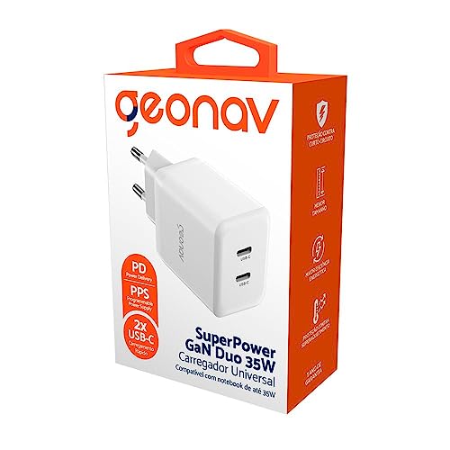 Geonav Carregador Universal SuperPower GaN Duo, 35W, 2 X USB-C Power Delivery, CH35PDWT, Branco