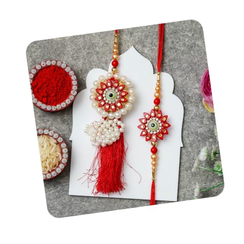 Image of eCraftIndia Set of 2 Kundan Beads Beautiful Peacock Designer Rakhis with Roli Chawal Pack