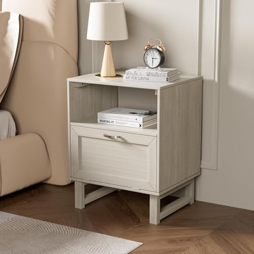 Image of Small Night Stand with Drawer, Wood End Table with Drawer Open Shelf, Small Night Stands for Bedrooms, 2-Tier Side Table for Bedroom, Dorm and Small Spaces