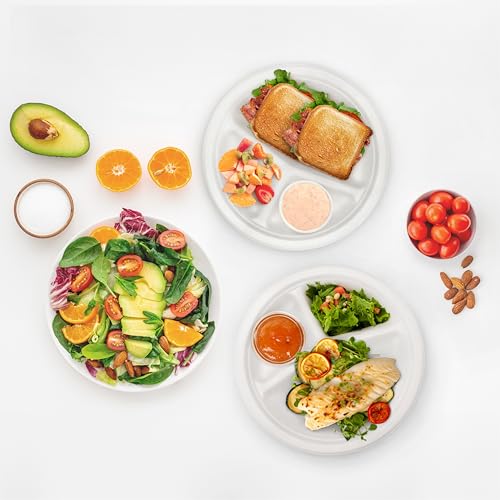 Image of Freshware Paper Plates - Disposable 10 inch Plate, 150-Pack, Biodegradable Sugarcane Dinner Plates - Heavy Duty Dinnerware - Microwave & Freezer Safe, Stackable Dinnerware - 3-Compartment