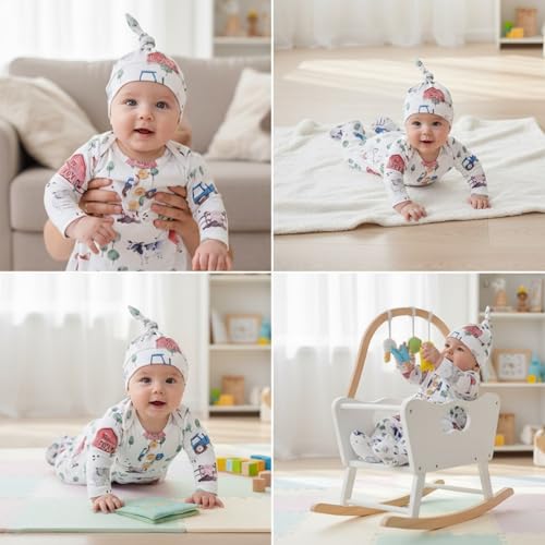 Image of AMAWMW Newborn Baby Boys Girls Cartoon Sleeper Gown Long Sleeve Mountain Nightgown Hat Outfits