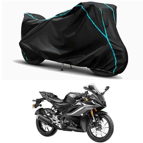 Image of Waterproof Bike Body Cover Compatible for | Yamaha R15 V4 M | Taffeta Fabric, Sky Piping Design, Bottom Elastic Fit | Dustproof, Sun UV & Rain Protection for All Weather.