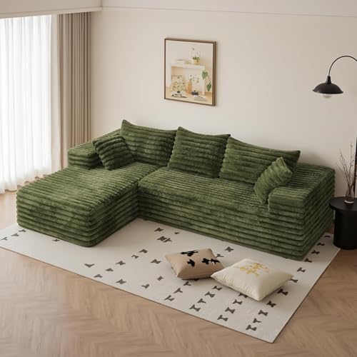 Image of 2 inch Corduroy Boneless Couches for Living Room, L Shape Sofa with Chaise | 102.4 inch Modular Sectional Sofa, Cloud Couch Sectional with Deep Seat, No Assembly, Green, Left Chaise