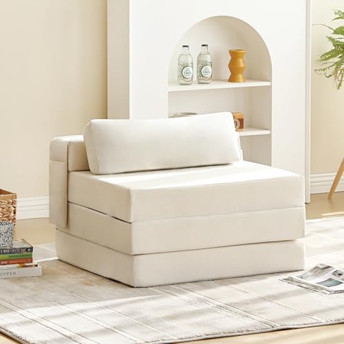 Image of Tiita Folding Sofa Bed Chair, 4-Fold Convertible Sleeper Chair with Lumbar Pillow, Washable Cover & Side Pocket, Floor Couch Bed with Raised Seat, Single Size for Small Spaces, Beige
