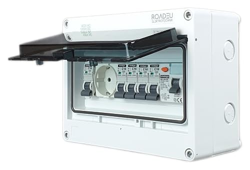 RoadEu - Leitungsschutzschalter - Komplett mit Fi Schutzschalter und Schuko Steckdose - 16A Sicherungsautomat C in Verteilerkasten - Sicherungskasten IP65