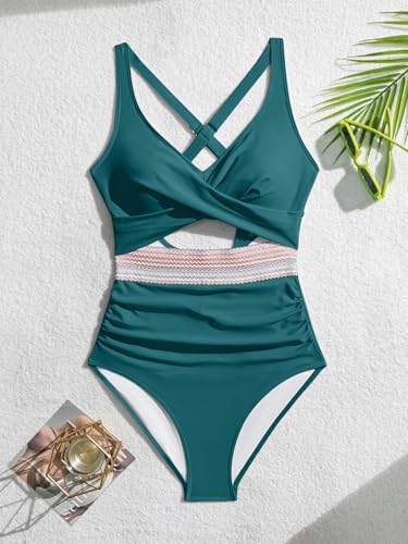 Image of B2prity One Piece Swimsuit for Women Tummy Control V Neck Bathing Suit Color Block High Waisted Cutout Swimwear