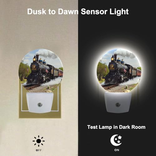 Image of Train Night Lights Plug into Wall Antique Freight Steam Train Rural Scenery Night Light Dusk to Dawn Sensor LED Lighting for Home Bedroom Bathroom Living Room Farmhouse Decor