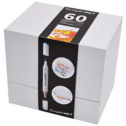 GRAPH’IT Kit Dessin 60 Marqueurs Brush - Pointe Pinceau et Extra Fine - Marqueurs à Alcool Rechargeables - Idéal Illustration, Manga et Design - Rangement Feutres Pratique, Palette Couleurs
