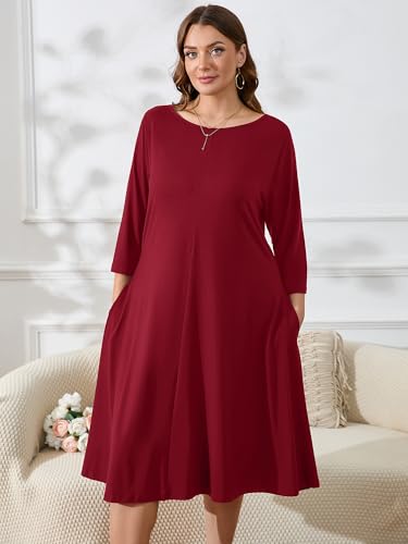 Image of AusLook Women's Plus Midi Dresses Crew Neck A Line 3 /4 Sleeves Casual Elegant Loose Wedding Vacation Dress with Pockets